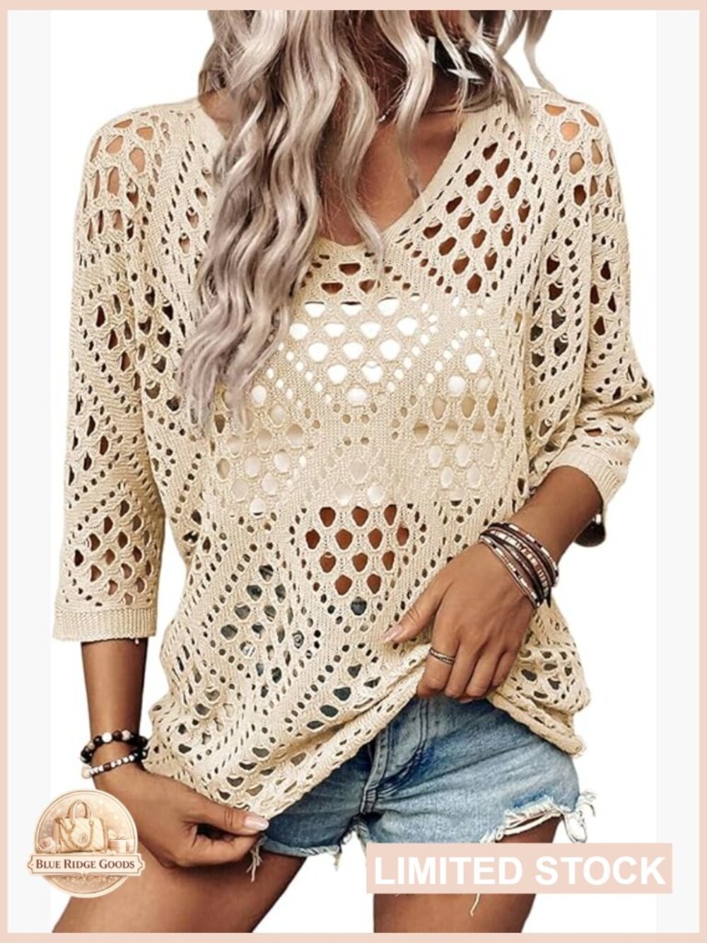 Crochet Hollow Out V-Neck Pullover Sweater Lightweight Boho Beach Cover Up 3/4 - Picture 1 of 7